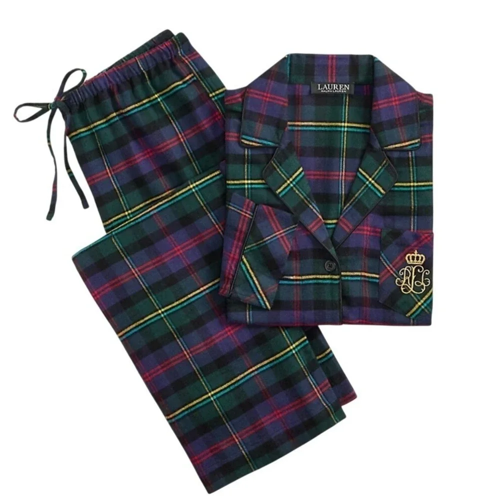 NWT Lauren Ralph Lauren‎ Women's Plaid Pajama Set Embroidered Crown Logo Size S